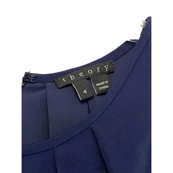 Theory Charlaine Pleat-Neck Shift Dress Women Size 4 Silk Sleeveless Navy Blue - Picture 4 of 9